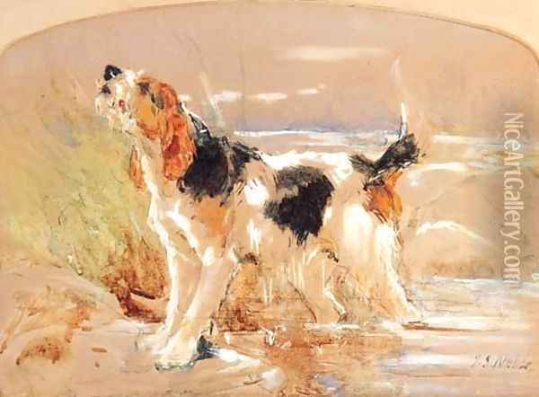 An Otter Hound emerging from Water Oil Painting - John Sargeant Noble, R.B.A.