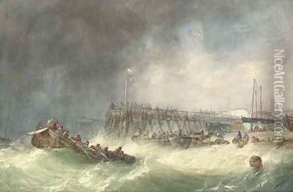 Local craft salvaging wreckage offshore at Great Yarmouth, with townspeople on the beach recovering barrels as bystanders watch from the pier Oil Painting - Alfred Herbert
