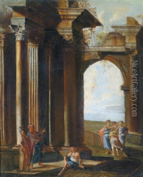 Antike Ruinen Mit Figuren - Capriccio Architettonico Con Figure Oil Painting - Alberto Carlieri