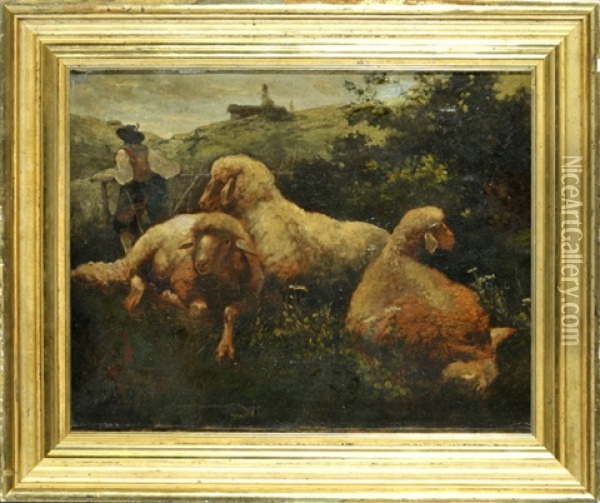 Drei Liegende Schafe Und Hirte Auf Almwiese Oil Painting - Johann Baptist Hofner