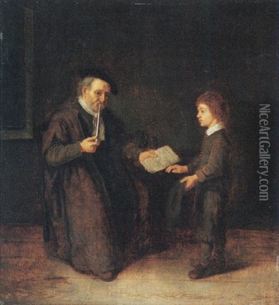 A Schoolmaster With His Pupil Oil Painting - Abraham de Pape