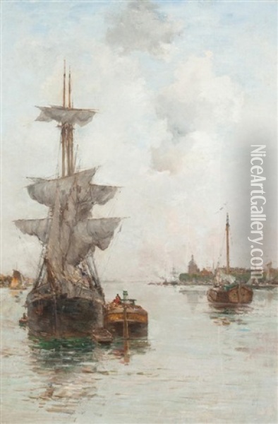 French Port Scene Oil Painting - Charles Lapostolet