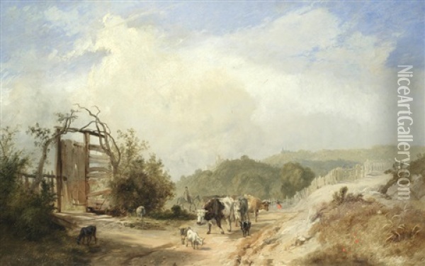 Wooded Landscape, With Drover, Cattle And Goats On A Path Oil Painting - James Baker Pyne