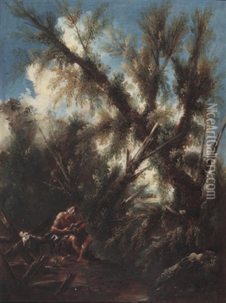 Der Heilige Hieronymus In Einer Bewaldeten Landschaft; Der Heilige Franziskus In Einer Bewaldeten Landschaft (2 Works) Oil Painting - Antonio Francesco Peruzzini