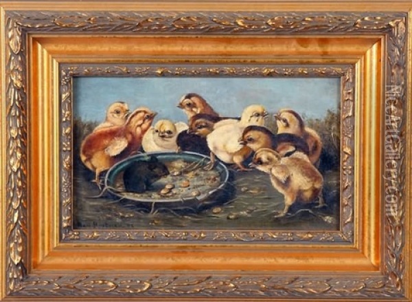 Chicks Feeding Oil Painting - Ben Austrian