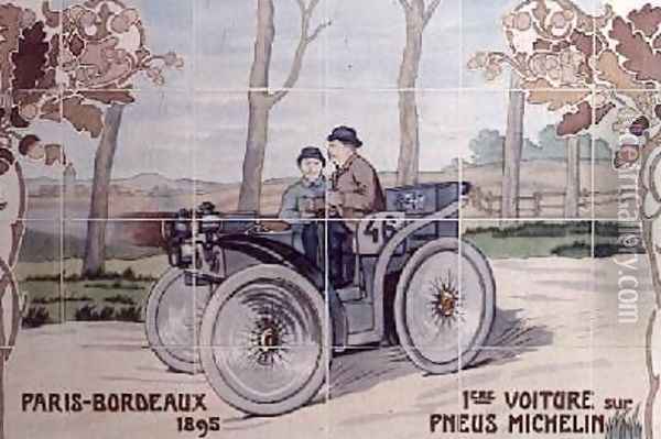 Edouard and Andre Michelin driving LEclair the first car to run on pneumatic tyres in the Paris to Bordeaux car race of 1895 Oil Painting - Ernest Montaut