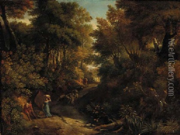 A Wooded Landscape With A Shepherd And A Washerwoman On A Path Oil Painting - Francisque Millet