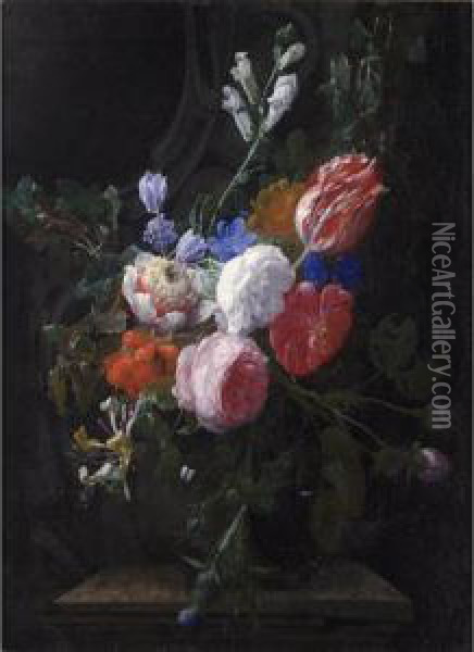 A Still Life Of Roses, A Tulip, 
Honeysuckle And Other Flowers, With A Sculpted Stone Ornament In The 
Background Oil Painting - Nicolas Van Veerendael