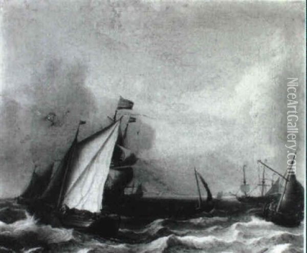Dutch Smalschips And Other Shipping In A Gale Oil Painting - Ludolf Backhuysen the Elder
