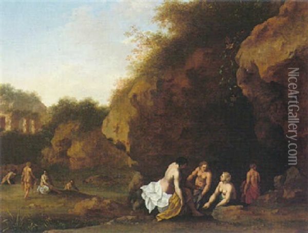 Nymphs Bathing By A Grotto Oil Painting - Johan van Haensbergen