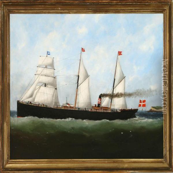 Danish Barquentine Off The Coast Of Le Havre Oil Painting - Marie-Edouard Adam Of Le Havre