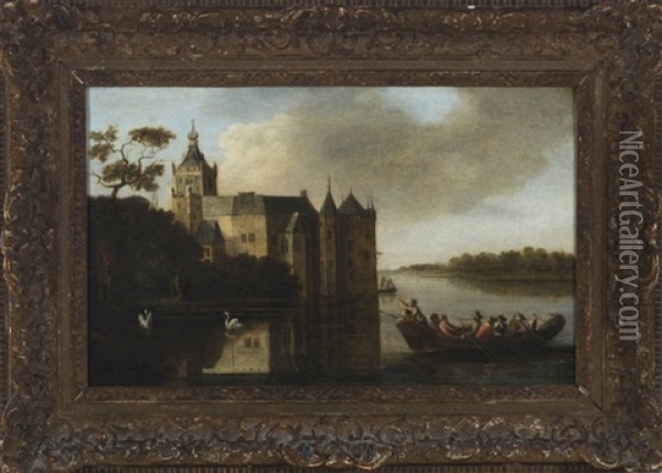 Landscape Of The Castle Montfoort In Utrecht With Figures In The Foreground On A Boat Oil Painting - Anthony Jansz van der Croos