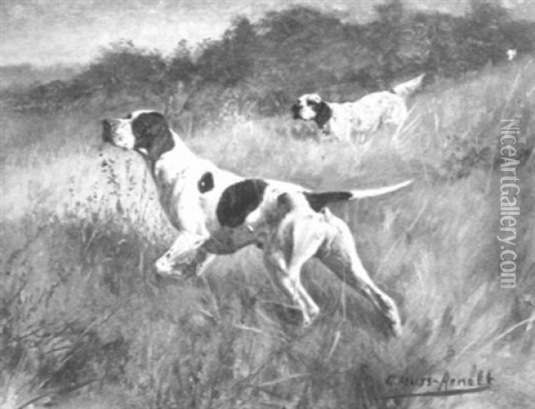 On The Alert/dogs Working A Field Oil Painting - Gustav Muss-Arnolt