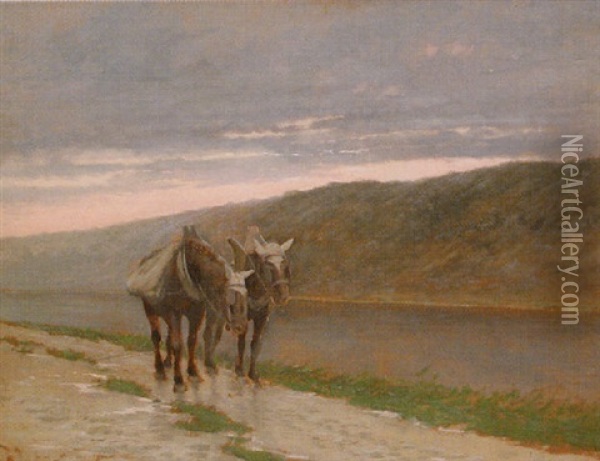 Mules By River In Landscape Oil Painting - Vital Keuller