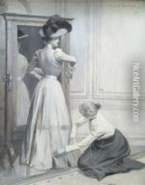 At Thedressmaker, Monochromatic Oil Painting - Francois Flameng