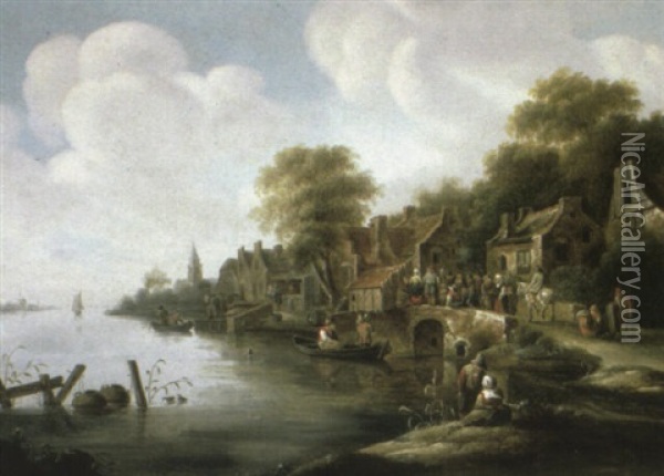 A Riverside Village With Peasants Gathered At A Bridge Oil Painting - Thomas Heeremans