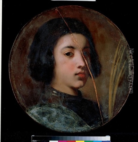 A Young Boy, Bust Length, Wearing Armour And Holding A Martyr's Palm (saint George?) Oil Painting - Cesare Dandini