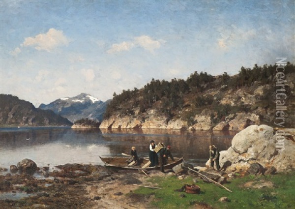 Fiskerfamilie I Fjordlandskap Oil Painting - Morten Mueller