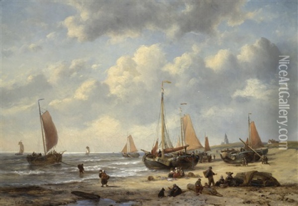 Fishing Boats On Scheveningen Beach Oil Painting - George Willem Opdenhoff