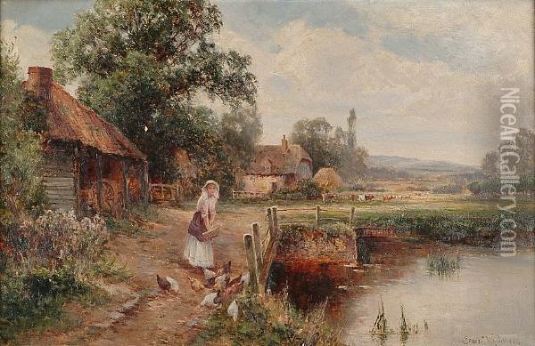 Extensive River Landscape With Girl Feeding Birds By A River In The Foreground Oil Painting - Ernst Walbourn