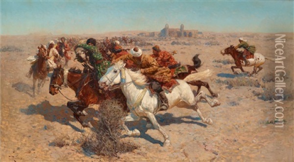 Battle Scene On The Steppe Oil Painting - Franz Roubaud