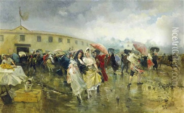 Outside The Plaza De Toros, Madrid Oil Painting - Eugenio Lucas Villamil