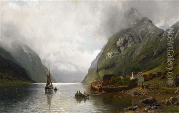 Die Uberfahrt Am Fjord Oil Painting - Anders Monsen Askevold