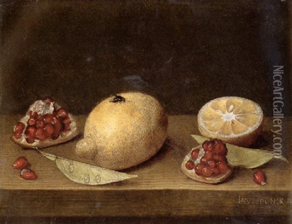 Still Life Of A Whole Lemon, A Sliced Lemon, And Pomegranate Fragments On A Table-top Oil Painting - Jacob van Hulsdonck