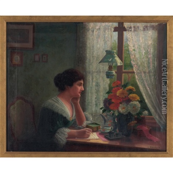 Woman At Desk Oil Painting - Karoly Ferenczy