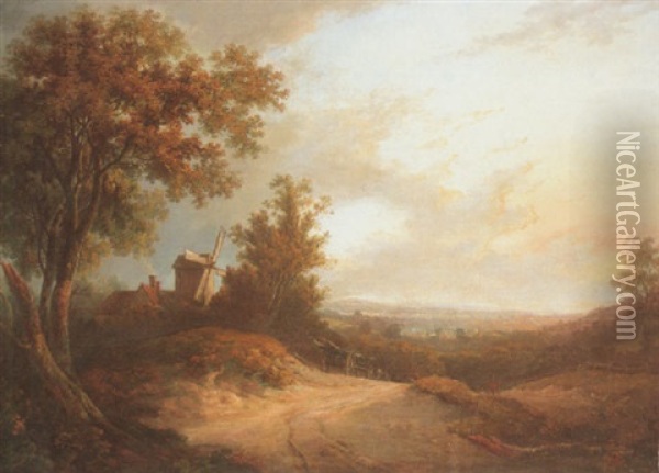 Landscape With A View Of A Windmill With Figures On A Path Oil Painting - George Arnald