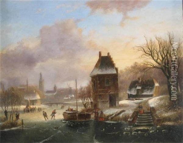 Winter Landscape With Skaters On A River Oil Painting - Johanes Petrus van Velzen