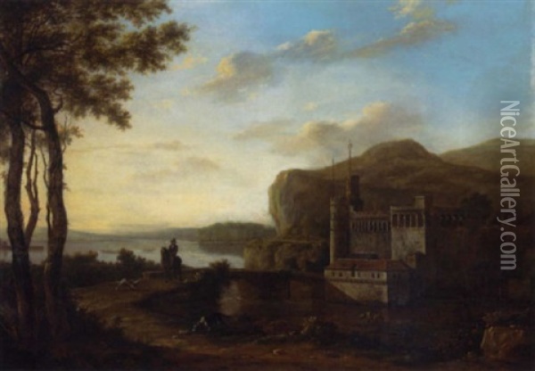 A River Landscape With A Horseman And Dogs Crossing A Bridge, A Castle Beyond Oil Painting - Frederick De Moucheron