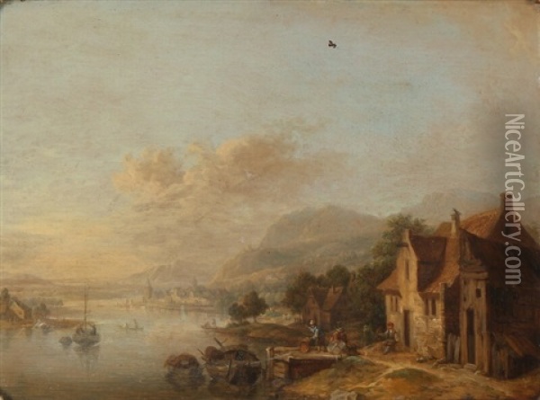 A Fishing Village On A Riverbank Oil Painting - Johann Georg Schuez