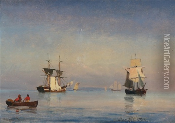 Seascape With Sailing Ships And A Rowing Boat On Still Waters Oil Painting - Carl Fredrick Sorensen