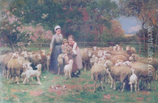Children Playing Amongst Sheep Oil Painting - Luigi Chialiva