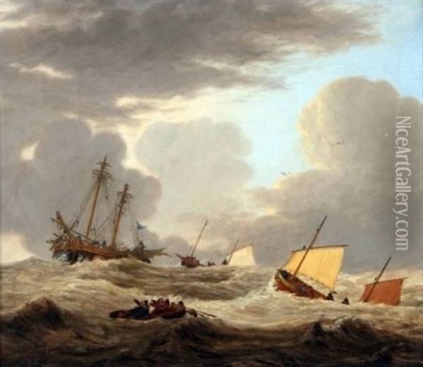 Hulk In Rough Sea With Fishing Boats Oil Painting - Joseph Stannard