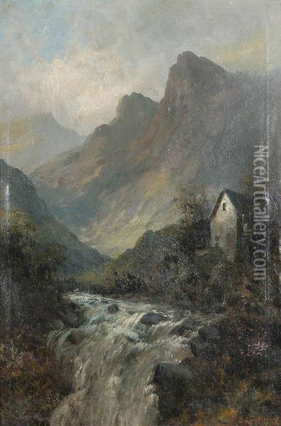 Bergachtig Landschap Met Waterval Oil Painting - Emile Lauterburg