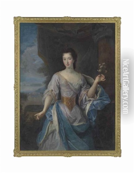 Portrait Of A Lady, Three-quarter-length, In A Blue Dress And An Ermine-lined Blue Cloak, A Villa Beyond Oil Painting - Pierre Gobert