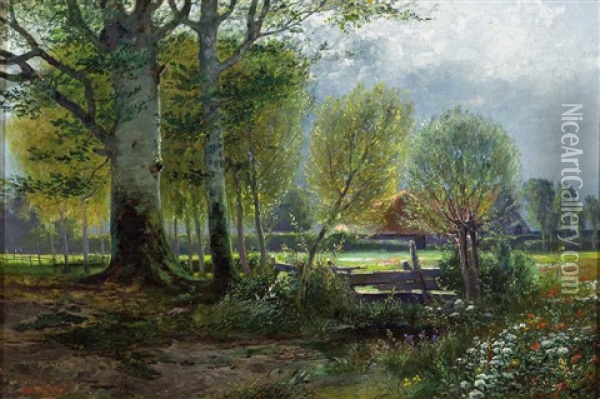 Blick Auf Bluhende Wiese, Bachlauf Und Kleines Gehoft An Einem Sonnigen Fruhlingstag Oil Painting - Carl Mueller