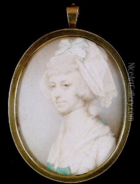 A Lady With Powdered Hair, Wearing White Bonnet With Green Trimmed Bow And White Dress Oil Painting - Jeremiah Meyer