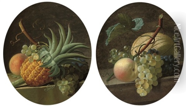 A Pineapple, Grapes, And A Peach (+ A Melon, Grapes, And A Peach On A Stone Ledge; Pair) Oil Painting - Jean Louis Prevost