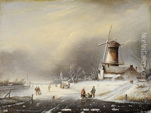 Winterlandschaft Mit Schlittschuhlaufern (+ Another; 2 Works) Oil Painting - Nicolaas Johannes Roosenboom