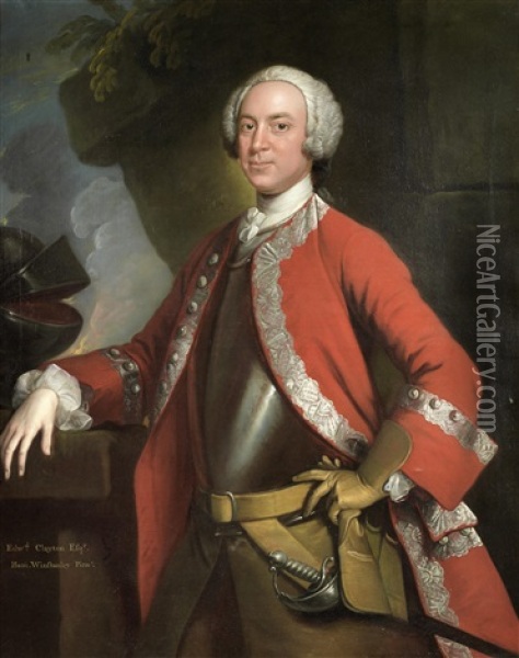 Portrait Of Edward Clayton, Three-quarter-length, In A Red Coat And Breastplate, Standing Beside His Helmet In A Landscape Oil Painting - Hamlet Winstanley