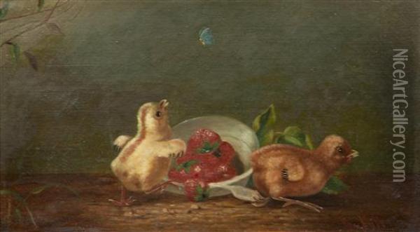 Two Chicks, Butterfly And A Bowl Of Strawberries Oil Painting - Thomas Hill