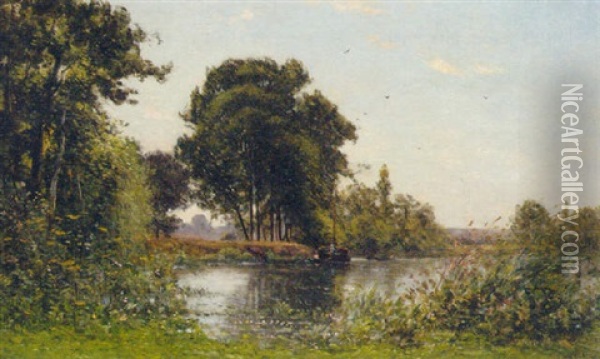 A Barge In A River Landscape Oil Painting - Hippolyte Camille Delpy