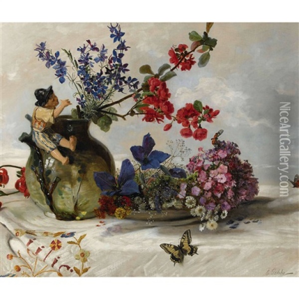 Stillleben Mit Blumen, Schmetterlingen Und Jugendstilvase Oil Painting - Eduard Gehbe