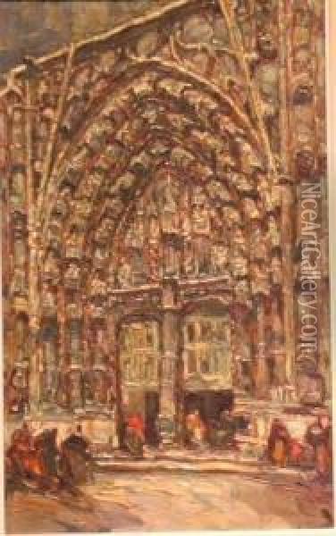 Gothic Cathedral Portal Oil Painting - Louis Pastour