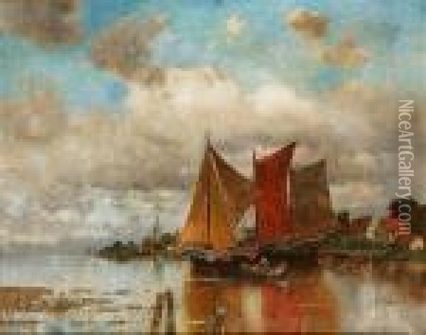 Fishing Boats In An Estuary Oil Painting - Karl Heffner