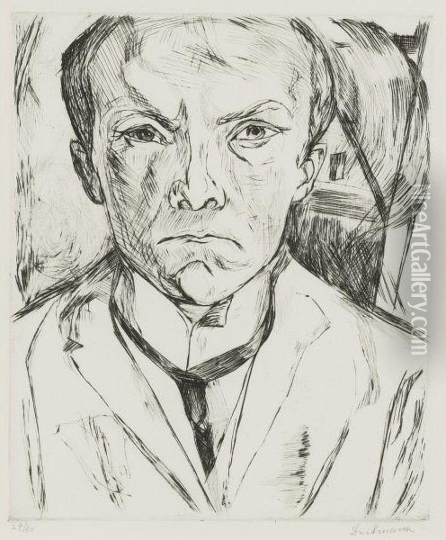 Frontal Self-portrait With House Gable In Background Oil Painting - Max Beckmann