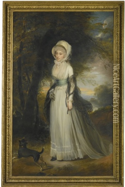 Portrait Of Mrs Simeon, Standing In A Landscape, With A Dog By Her Side Oil Painting - Sir William Beechey